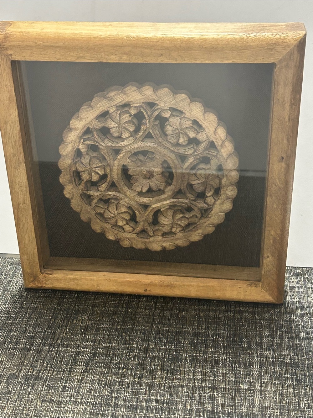 Hand Carved Wood Fretwork Framed Shadow Box Wall Art Medallion Decor